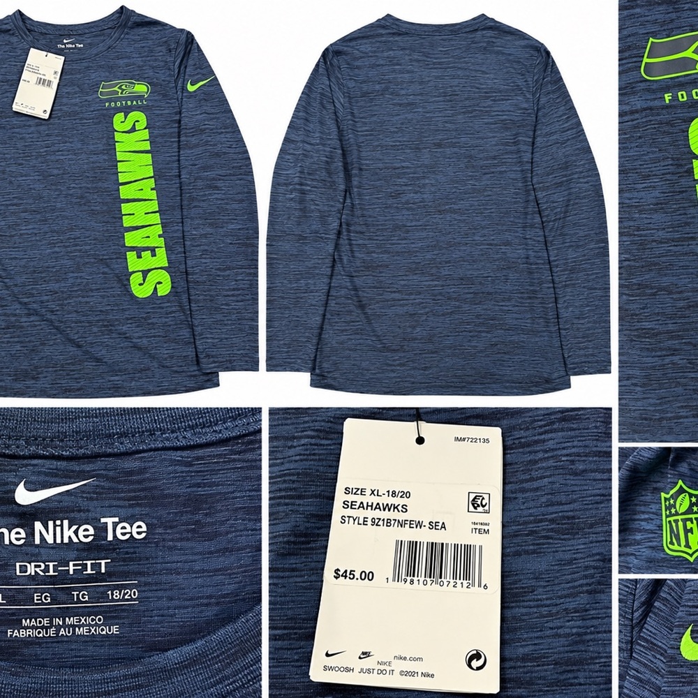 Nike Kids Seattle Seahawks Long-Sleeve Tee - Navy/Neon Green 18/20